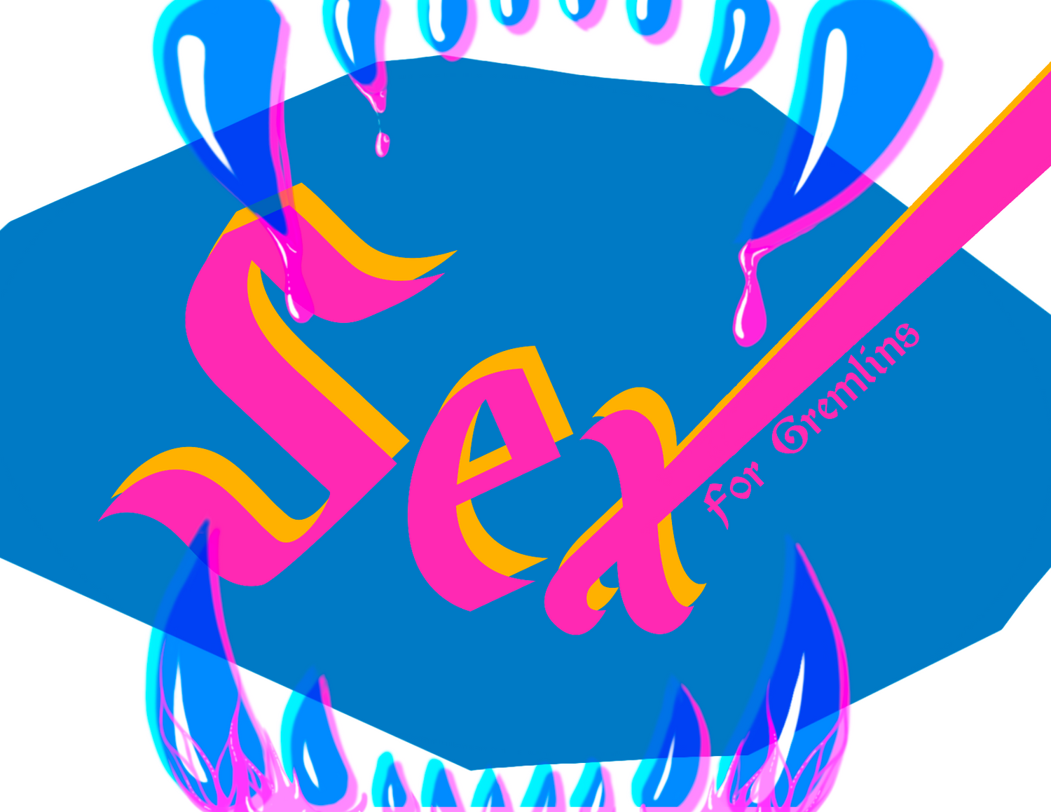 The Cover of the Sex for Gremlins zine depicting the title in bright yellow and pink between a set of sharp fang-like blue and pink teeth